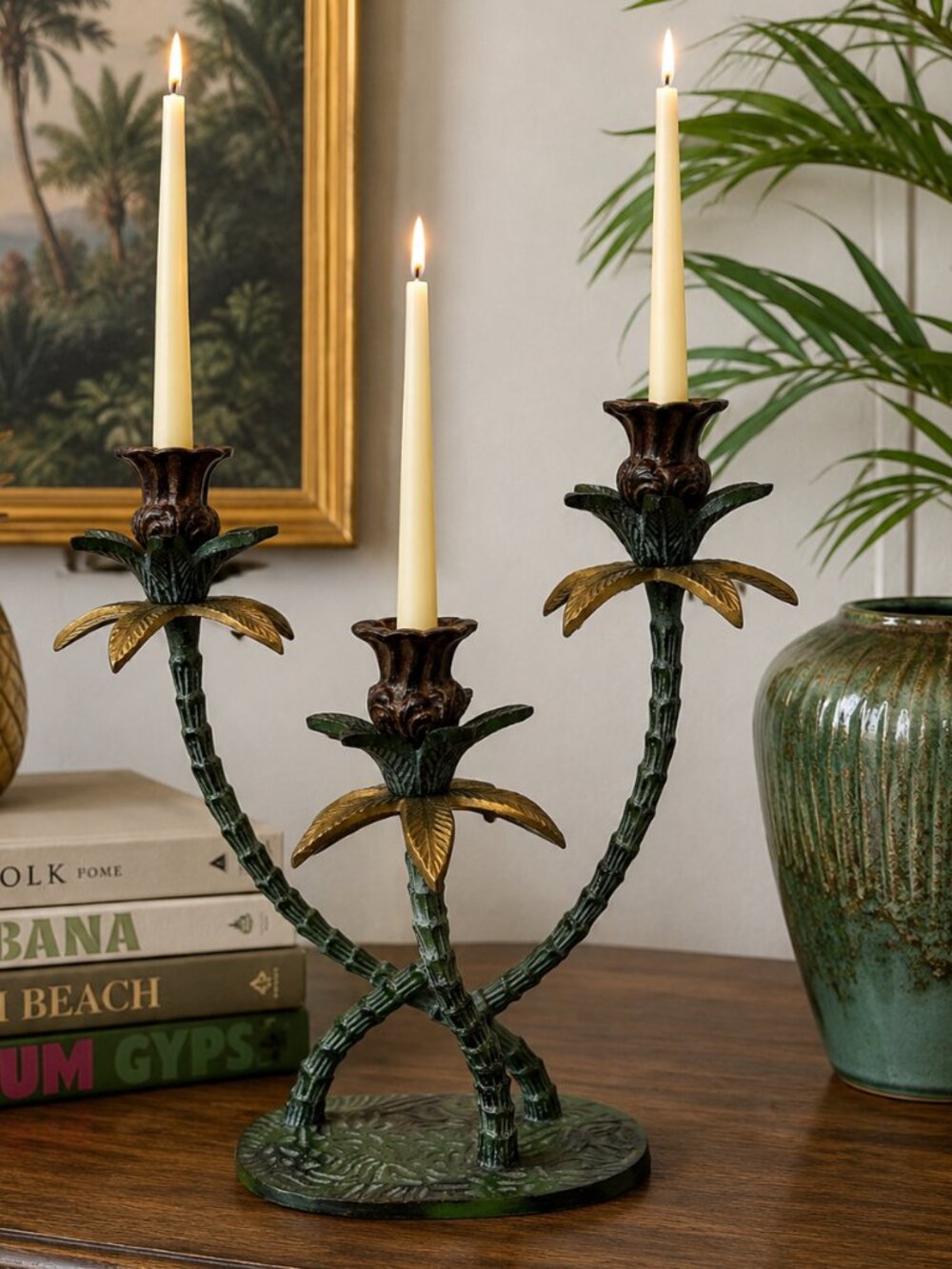 Vintage 1970s Tropical Palm Tree Cast Iron Candelabra Candle Holder